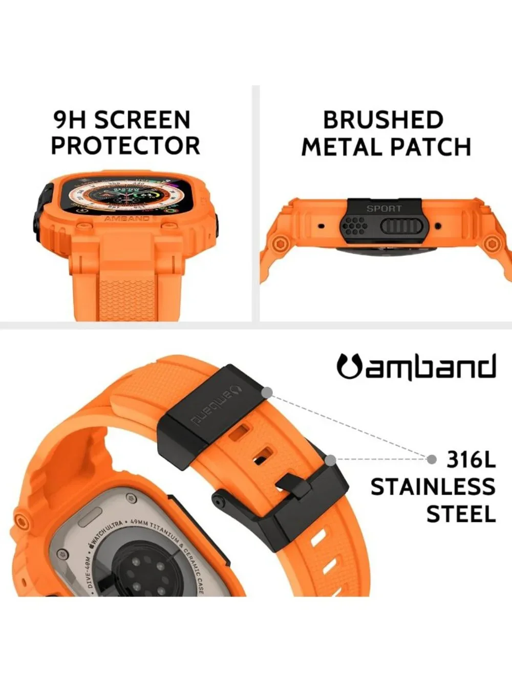 Rugged Apple Watch Case & Screen Protector, 49mm, Tempered Glass, Orange Strap